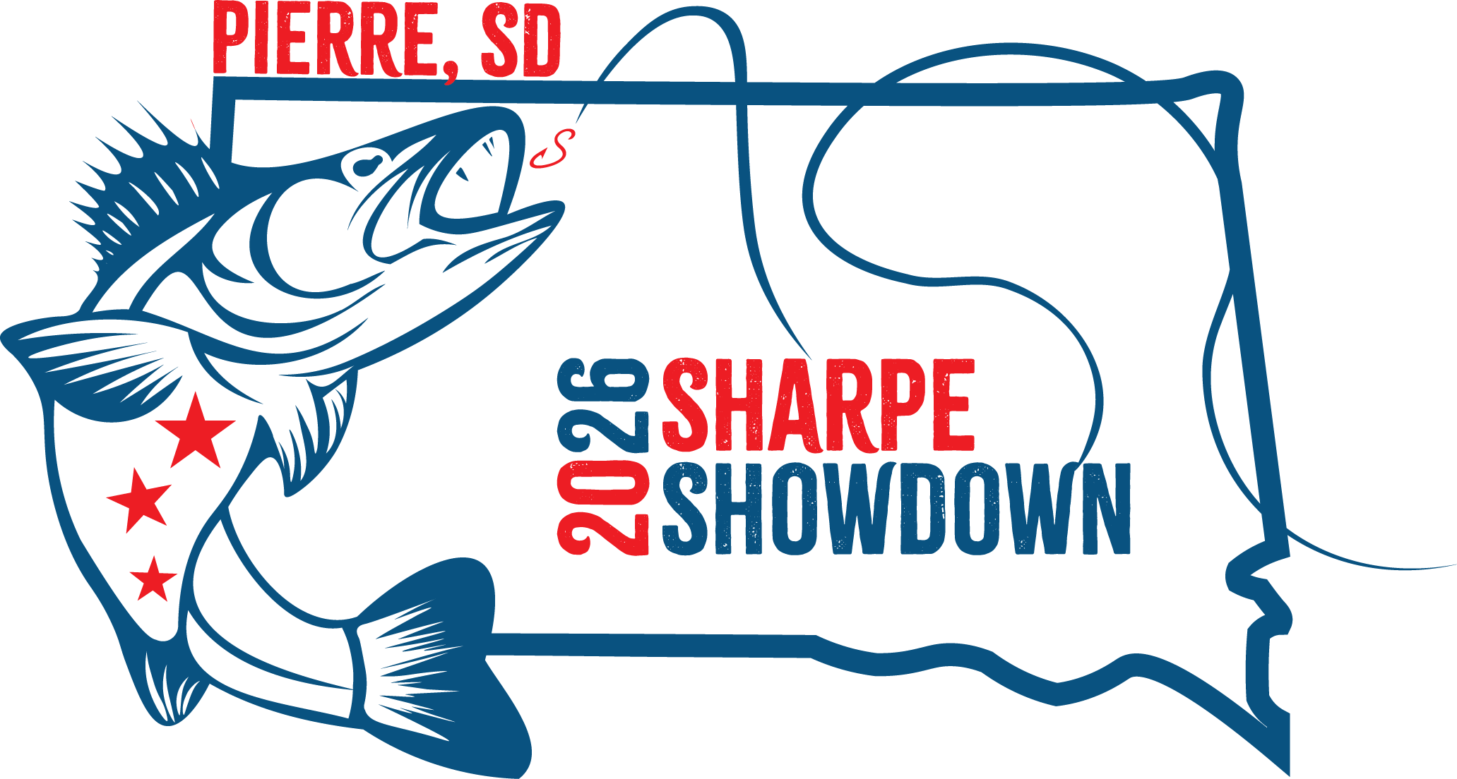 2026 Sharpe Showdown Logo in red, and blue. Walleye fish catching a fishing line outlined by the state of SD.